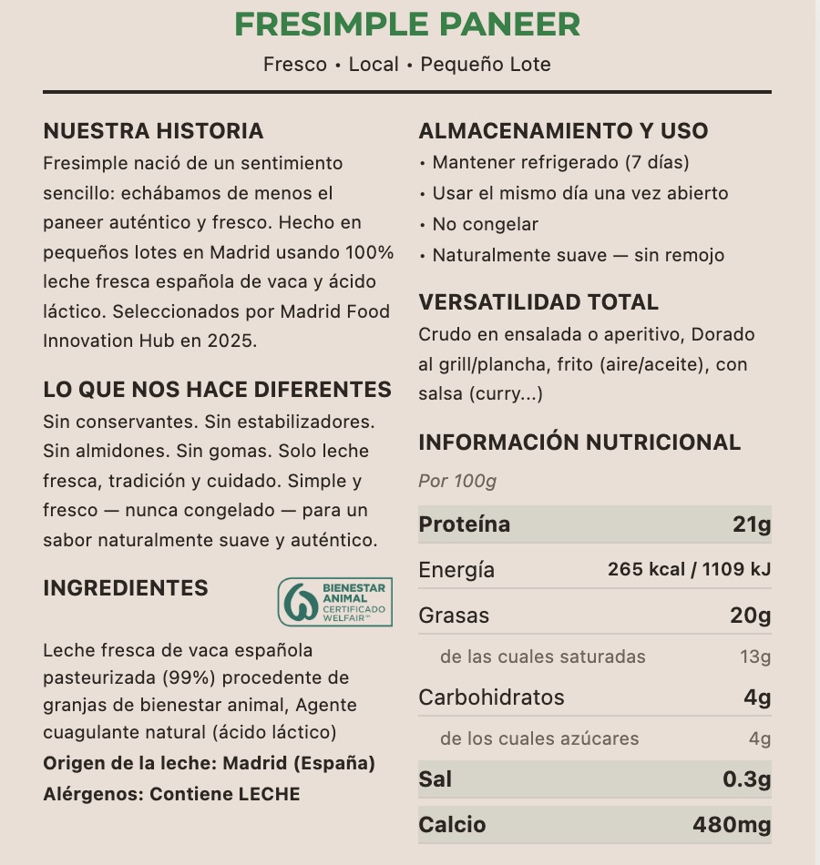 Paneer Fresimple - Etiqueta Trasera
