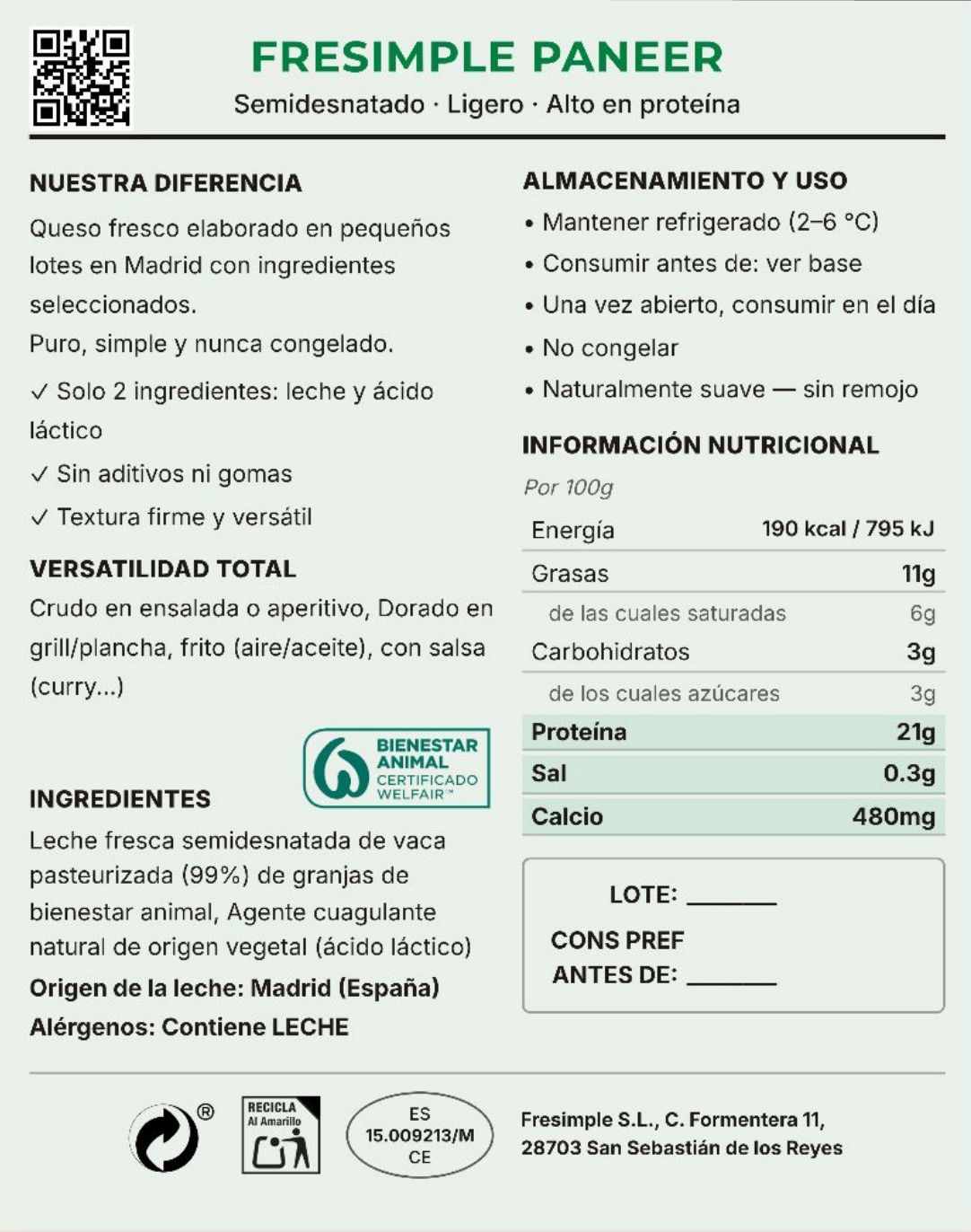 Paneer Light Fresimple - Etiqueta Trasera