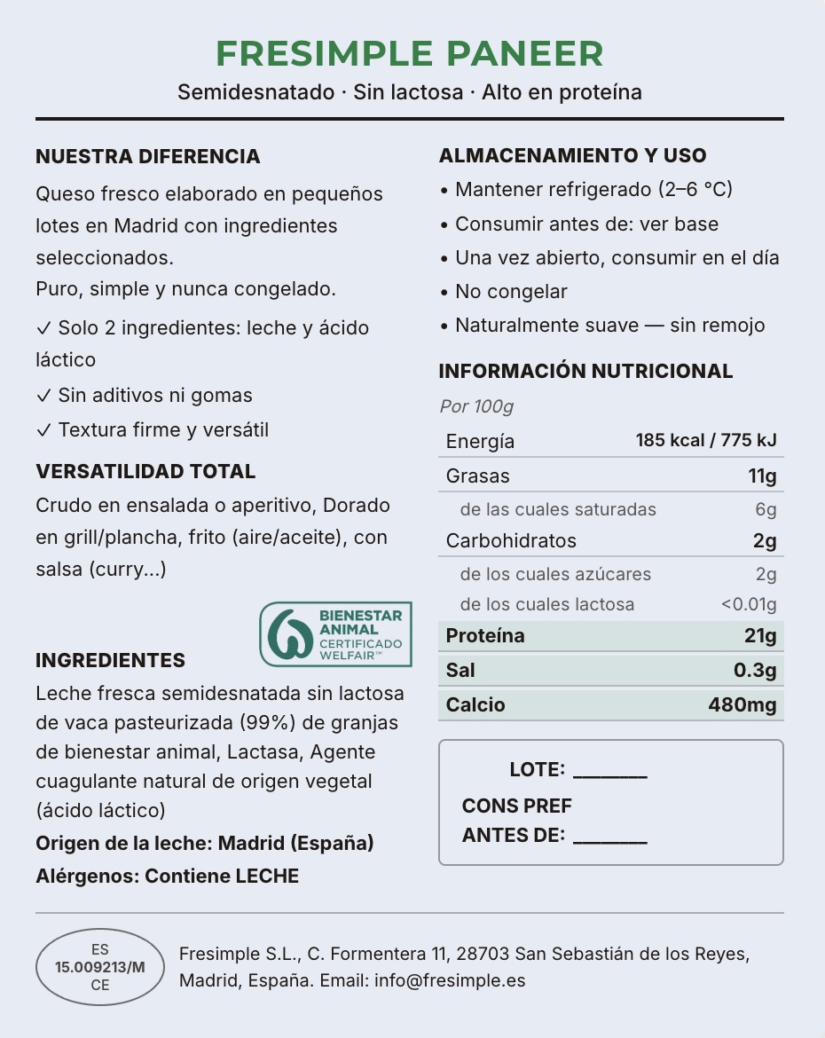 Paneer Fresimple Sin Lactosa - Etiqueta Trasera